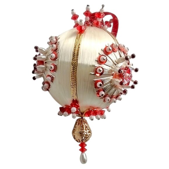 Vintage Beaded Push Pin Ornament Red Jewel White Satin Gold Silver Pearl 4" MCM - Picture 5 of 8